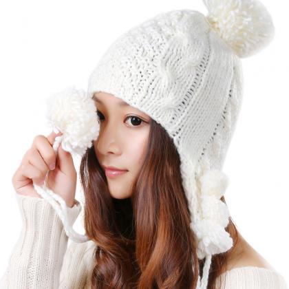 Cute Knitted Hat For Girls - White