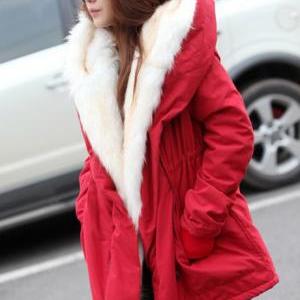 Warm Woman Fur Decoration Hooded Collar Coat - Red
