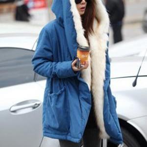 Warm Woman Fur Decoration Hooded Collar Coat -..