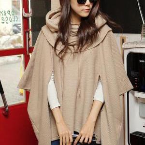 Fashion Loose Unicolor Hooded Shawl Sweater For..