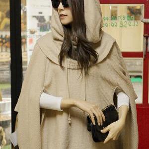 Fashion Loose Unicolor Hooded Shawl Sweater For..