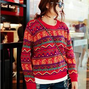 Pattern Print Girls Bohemia Pullovers Sweater