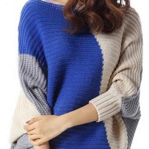 Casual Color Split Batwing Sleeve Long Pullovers..