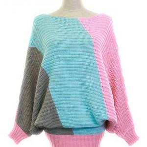 Casual Color Split Batwing Sleeve Long Pullovers..