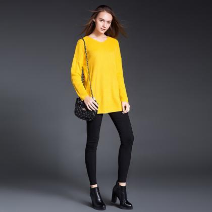 Large Size Solid Women Casual Yellow Sweaters