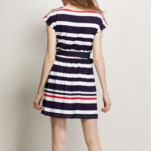 Vogue Preppy Style Cap Sleeve Girls Striped Dress