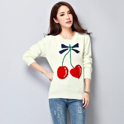 Cute Women Cherry Pattern White Sweater