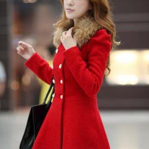 Fashion Double Breasted Fur Decoration Collar Coat..