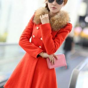 Fashion Double Breasted Fur Decoration Collar Coat..