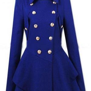 Latest Double Breasted Wool Turndown Collar High Waist Coat - Blue on