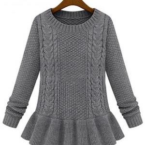 Ladylike Round Neck Cable Sweaters With Frill -..