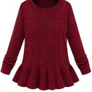 Ladylike Round Neck Cable Sweaters With Frill -..