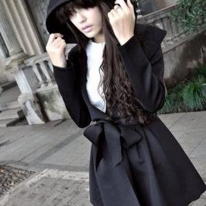 Charming Long Sleeve Trench Coat With Belt - Black