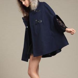 Woman Fur Hat Design Cape Coat - Navy Blue