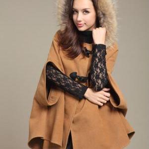 Woman Fur Hat Design Cape Coat - Khaki