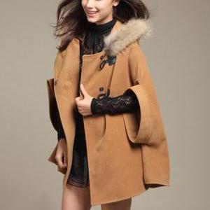 Woman Fur Hat Design Cape Coat - Khaki