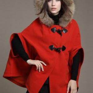 Woman Fur Hat Design Cape Coat - Red