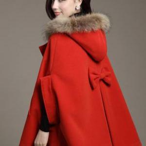 Woman Fur Hat Design Cape Coat - Red