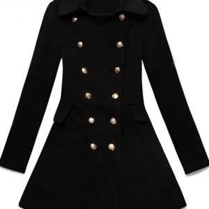 Charming Double Breasted Puff Sleeve Black Coat