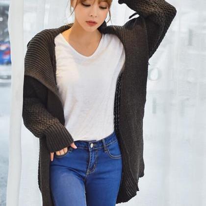 Woman Long Sleeve Long Cardigan Sweater - Dark..