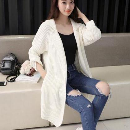 Long Loose Knitted Cardigan Sweater Coat - White