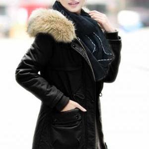 High Quality Fur Hat Zipper Closure Coat - Black