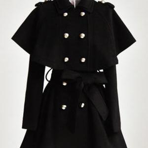 Shining Button Closed Black Outfit Coat And Cloak