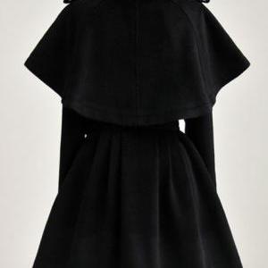 Shining Button Closed Black Outfit Coat And Cloak