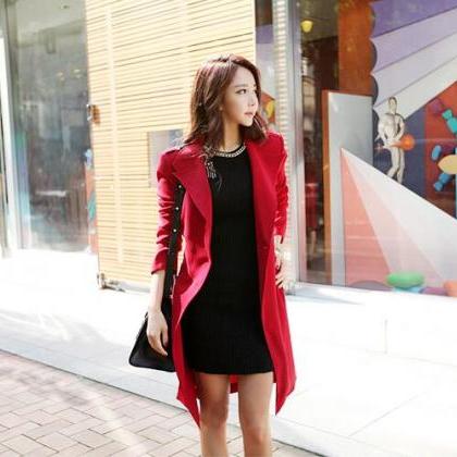 High Quality Long Style Coat With Belt - Red