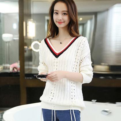 Fashion Looose White Color V Neck Hollow Sweater