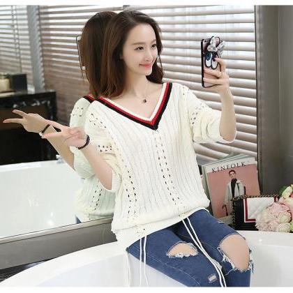 Fashion Looose White Color V Neck Hollow Sweater