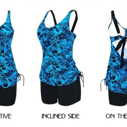 Patchwork Printed Open Back Bikini Set - Blue