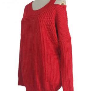 Red Casual Cold Shoulder Pullover Sweater
