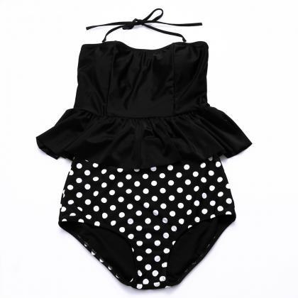 Cute Dot Halter High Waist Bikini Set - Black
