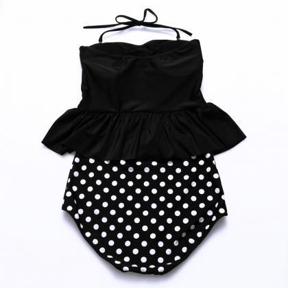 Cute Dot Halter High Waist Bikini Set - Black