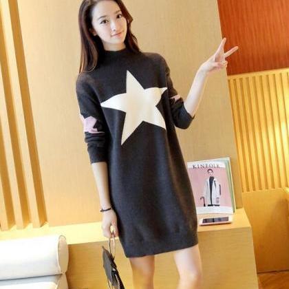 Cute Star Loose Pullover Sweater Dress - Dark Grey