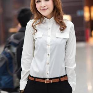 Solid Long Sleeve Blouse For Woman - White