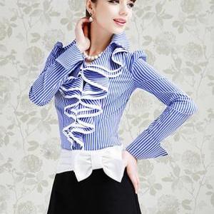 Ladylike Striped Turndown Collar Shirts With..