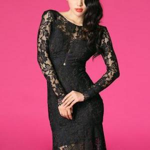 Amazing Open Back Long Sleeve Black Lace Dress For..