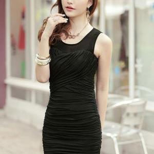 Sheath Woman Ruched Dress With Round Neck - Black