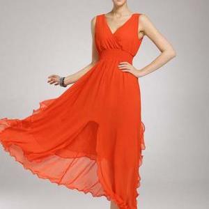 Stunning Chiffon V Neck High Waist Dress - Orange