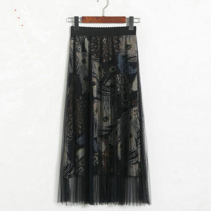 High Waisted Pleated Printed Long Skirt -