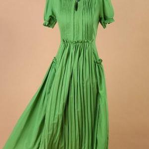 Summer Unicolor Pleated Short Sleeve Green Long..