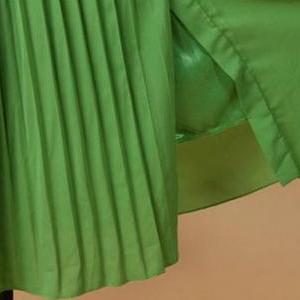 Summer Unicolor Pleated Short Sleeve Green Long..