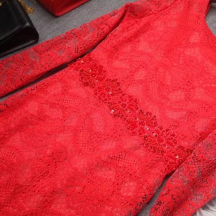 Luxury Designer Beading Red Lace Long Dress