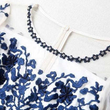 Fashion Designer Embroidered Organza Dress - Blue