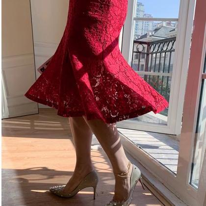 Elegant Lace Long Sleeve Red Color Dress