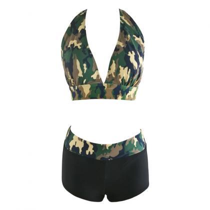 Camouflage Printed High Waist Bikinis