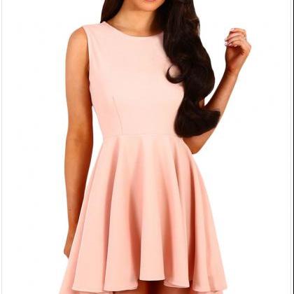 Fashion Round Neck Sleeveless Skater Dress - Pink