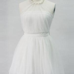 Fashion White Faux Pearl Strap Design Halter Dress..